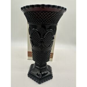 Vintage Avon 1876 Cape Cod Collection Ruby Red Glass Footed Vase 8" new in box!